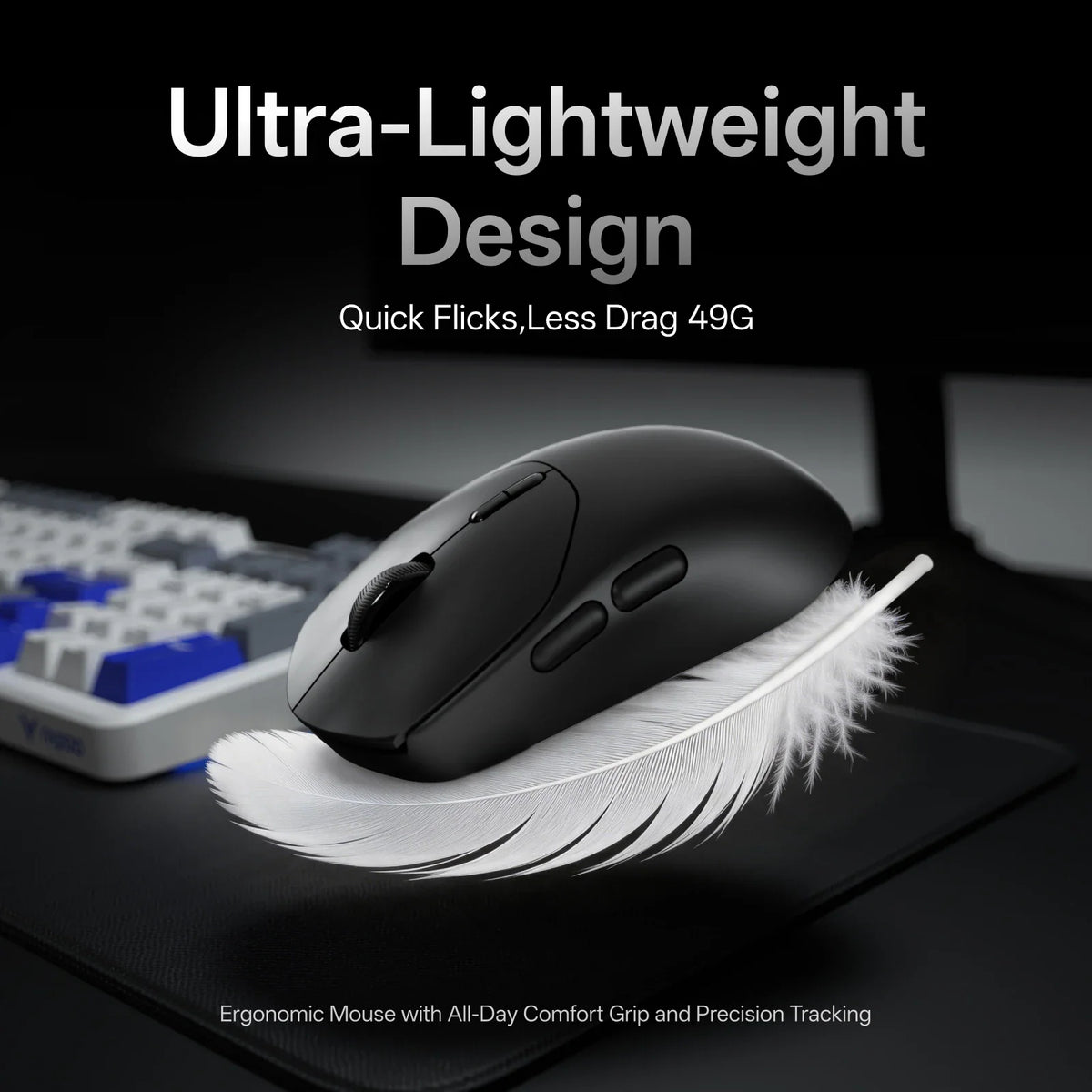 A black gaming mouse resting on a white feather to demonstrate its lightweight design.