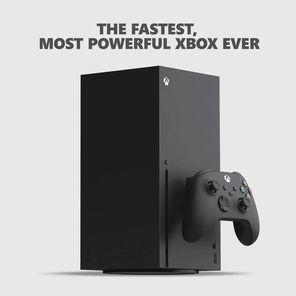 Black video game console standing vertically with a wireless controller in front on a light background