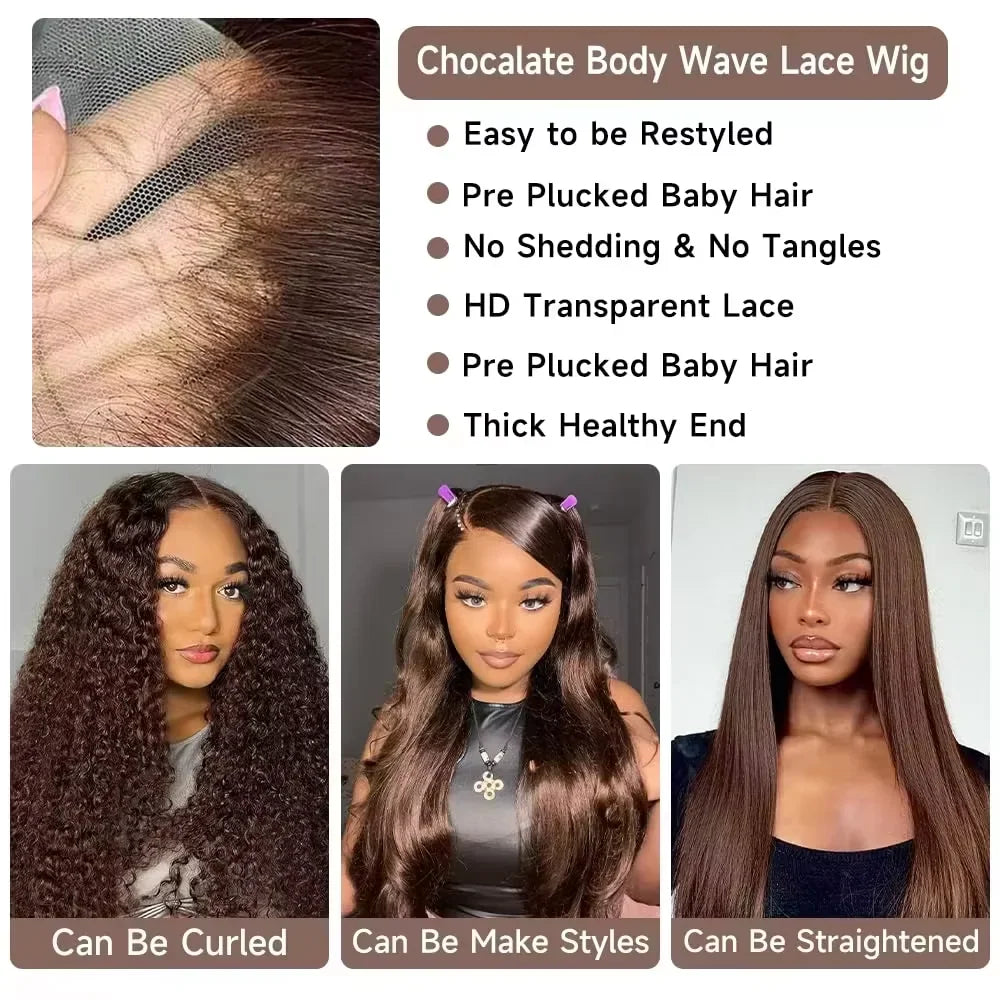 Comparison of different human hair wig styles including body wave and straight in chocolate brown