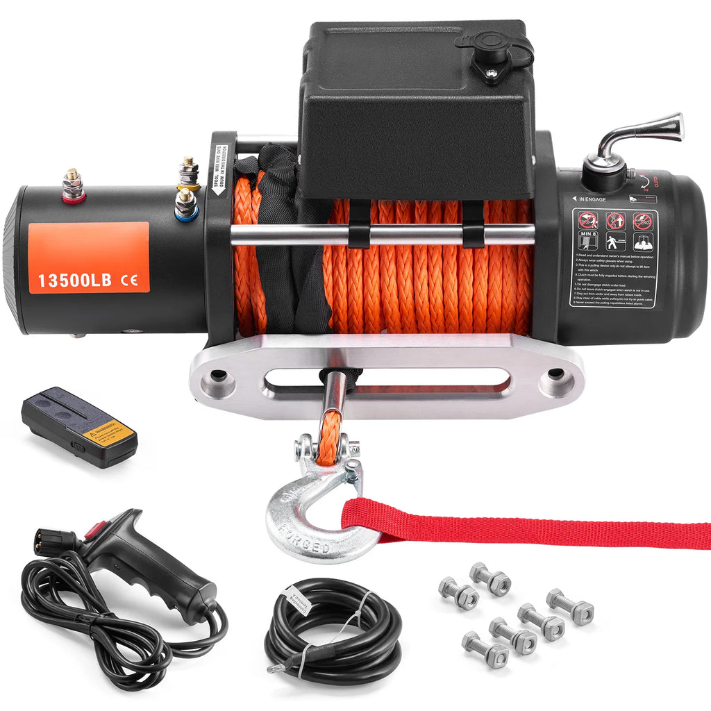 Electric winch for vehicle recovery with synthetic rope, remote controls, hook, and mounting hardware