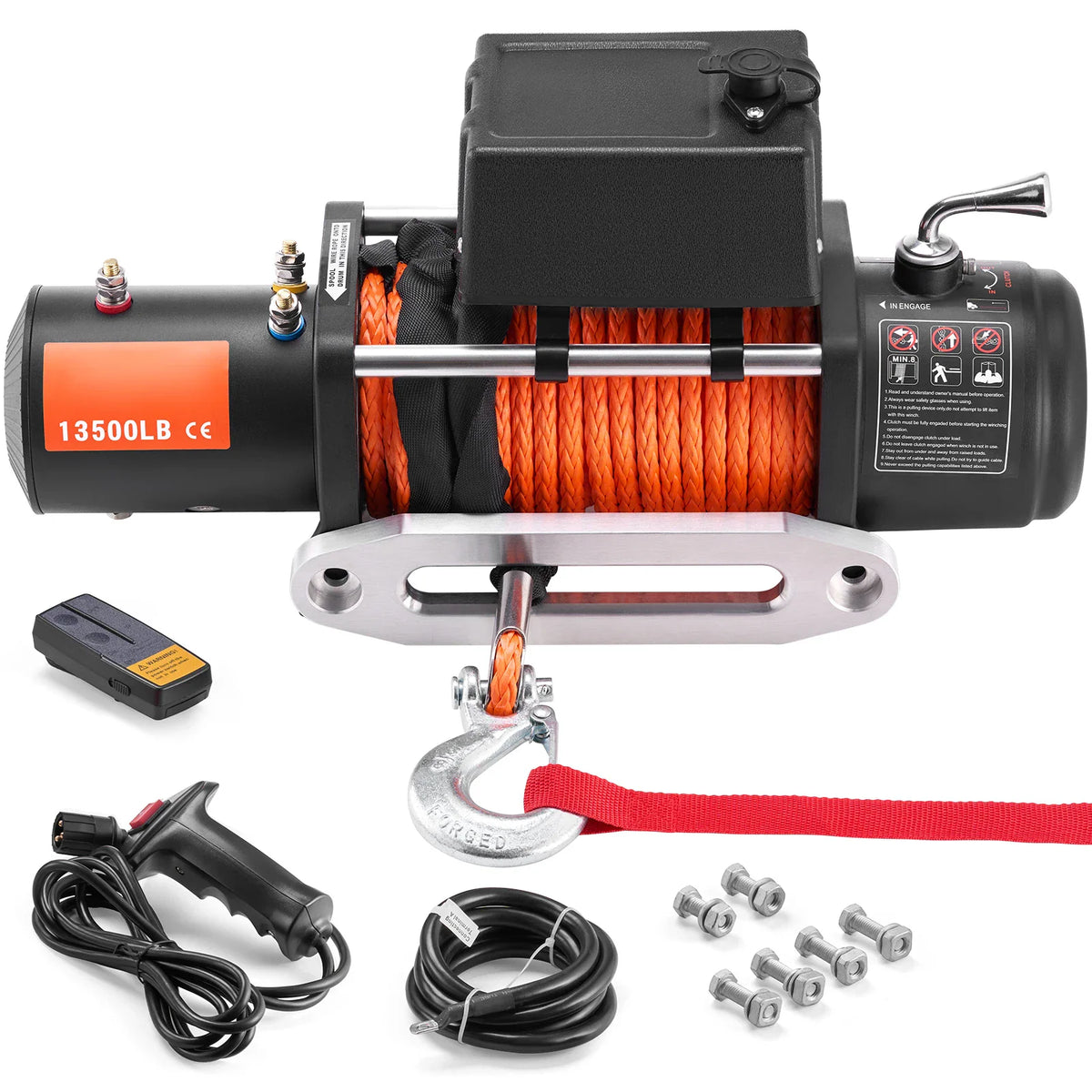 Electric winch for vehicle recovery with synthetic rope, remote controls, hook, and mounting hardware