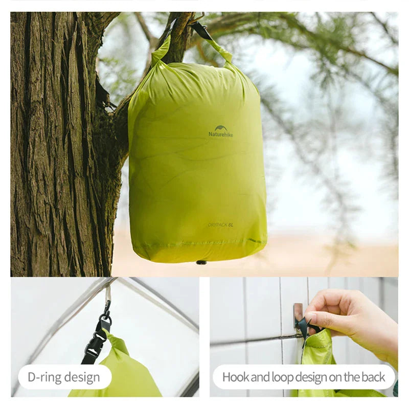 Green waterproof dry bag with D-ring and hook and loop closure design