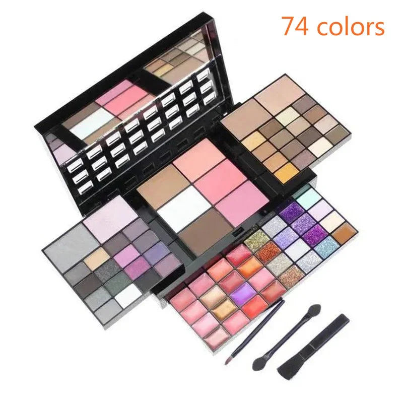 A comprehensive folding makeup palette with eyeshadow, blush, and lip gloss