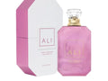 Pink diamond-shaped perfume bottle with its white and pink octagonal packaging box