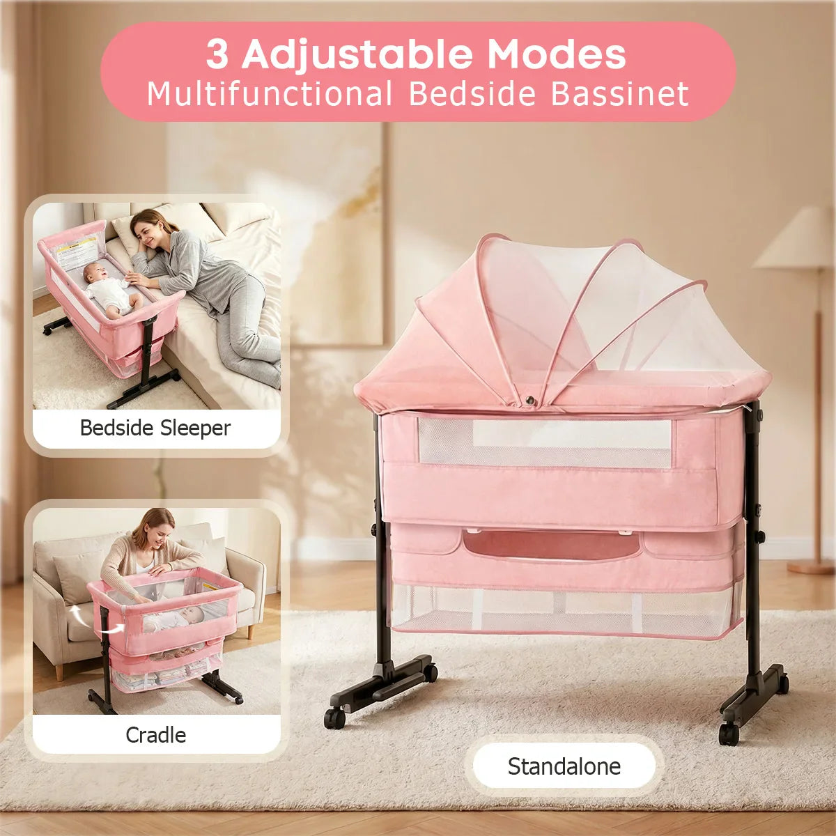 Pink multi-functional bedside bassinet showing three adjustable modes as bedside sleeper, cradle, and standalone crib