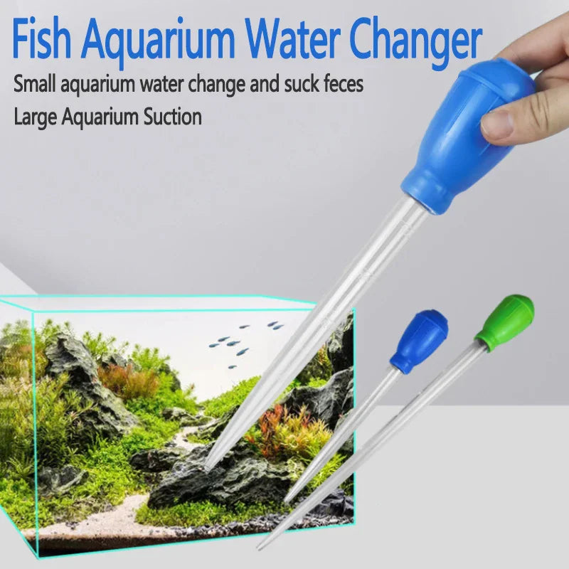 Hand holding a blue aquarium pipette in an aquarium