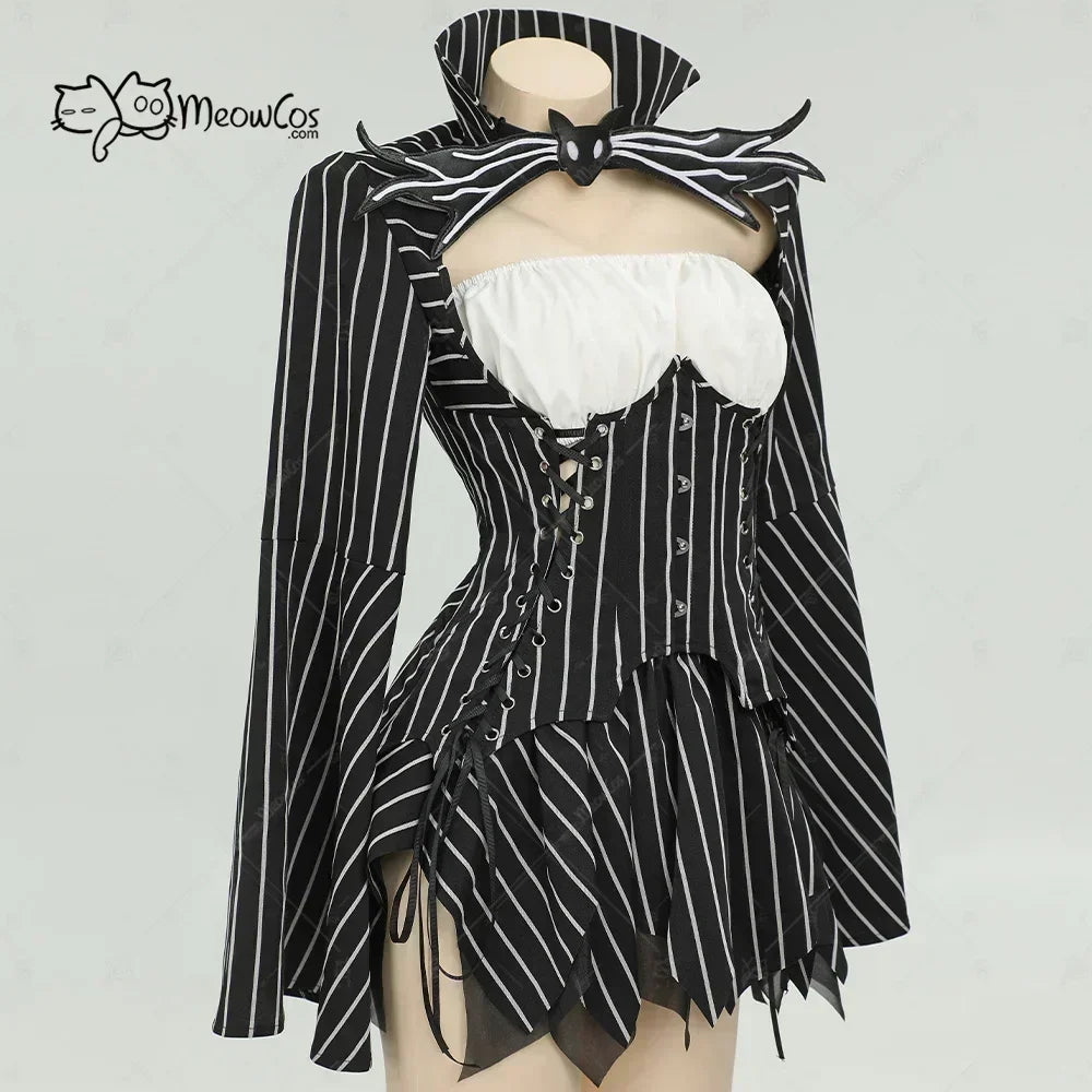 Women's black and white striped long sleeve cosplay top with corset style detail
