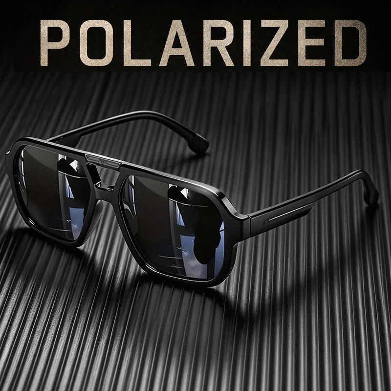 Black rectangular polarized sunglasses with a double bridge design