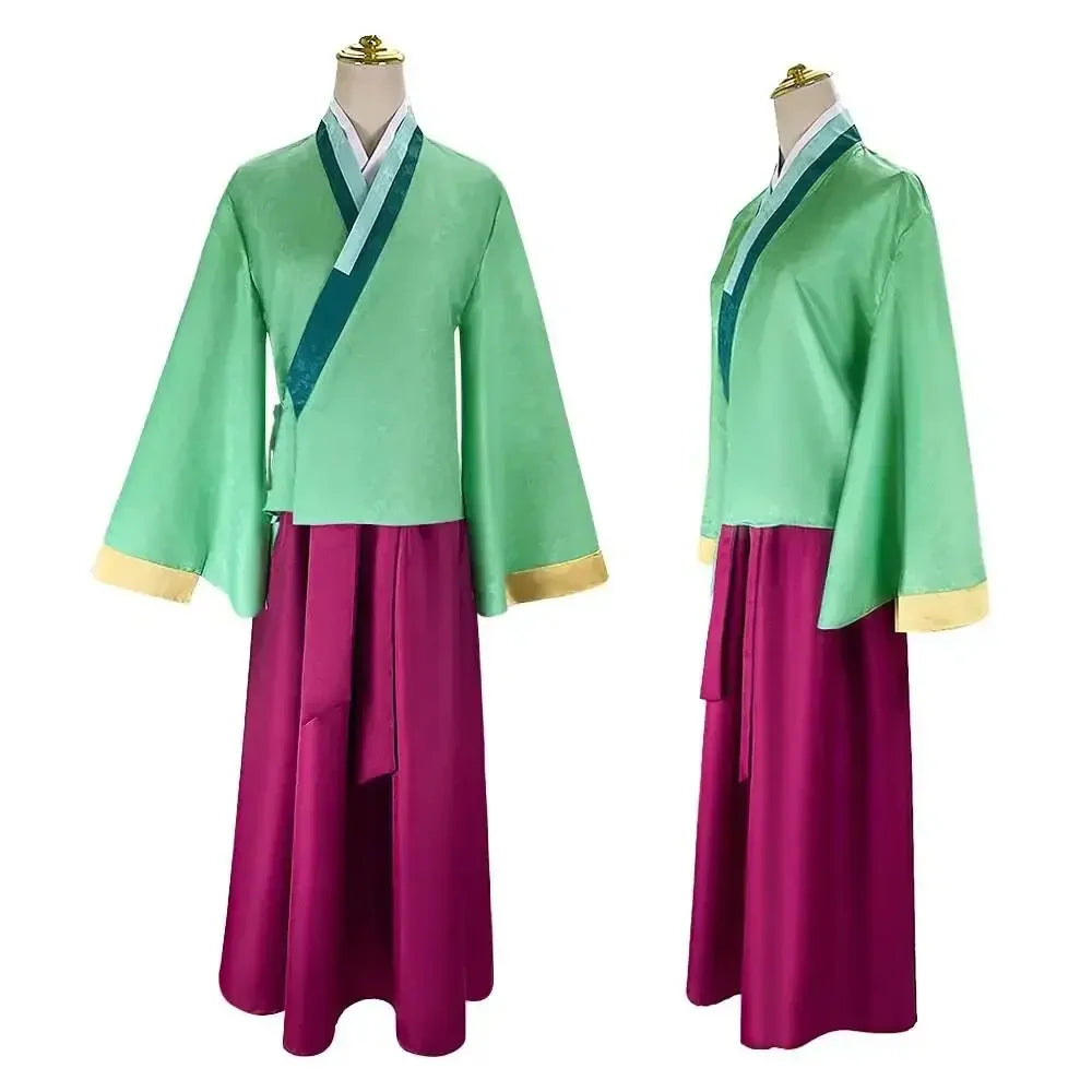 Front and side view of a green and dark pink kimono cosplay outfit on mannequin