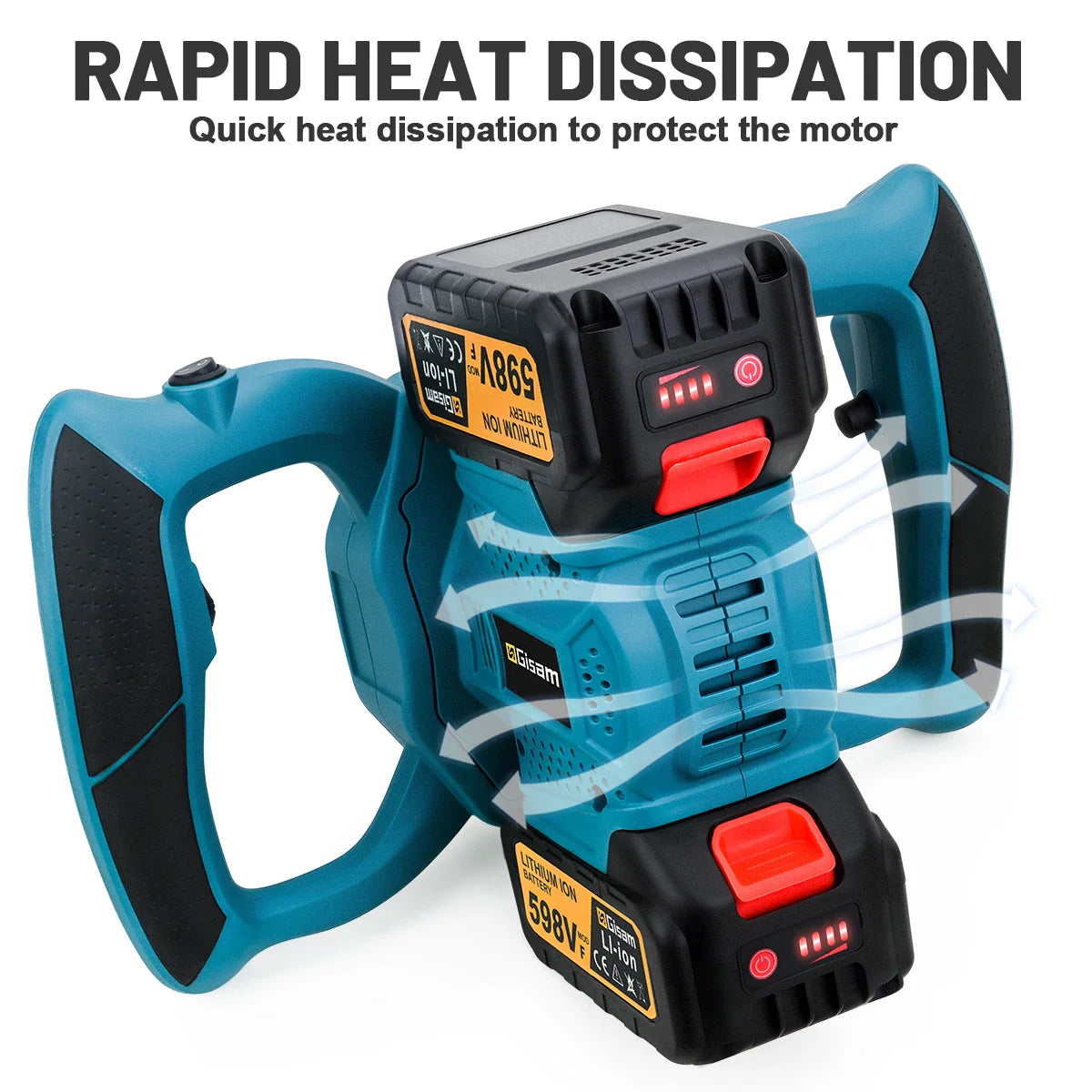 Hand-held electric cement mixer showing the air flow for motor heat dissipation.