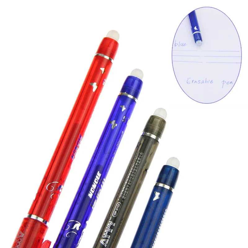 Group of erasable gel pens in blue, red, and black, with an inset showing how to erase the ink