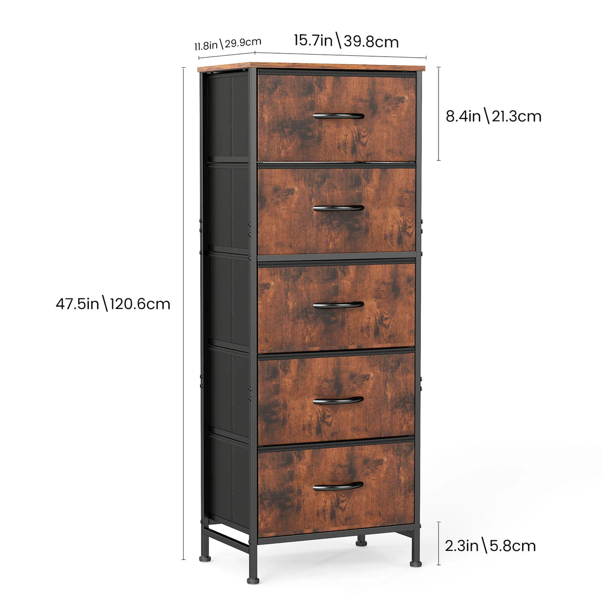 Tall 5-drawer cabinet with rustic brown drawers and black metal frame, showing dimensions in inches and centimeters.