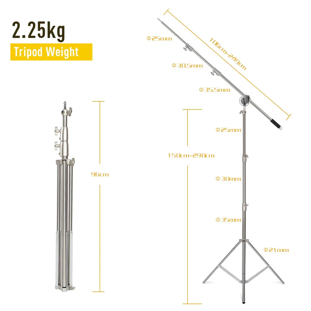 Technical specifications and dimensions of a telescopic boom arm and tripod