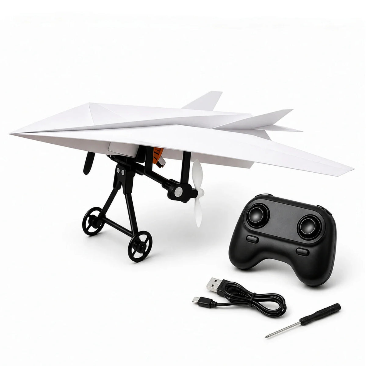 RC airplane conversion kit for paper planes with remote control, charging cable and screwdriver