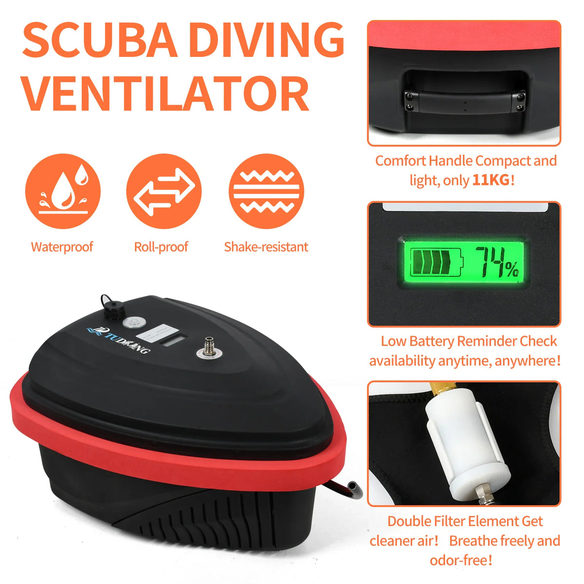 Floating scuba diving ventilator unit with highlighted battery indicator and air filter close-ups.
