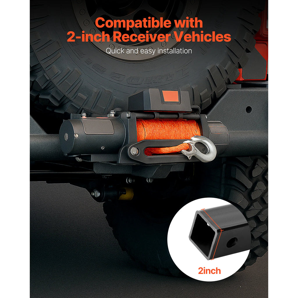 Winch mount attached to a vehicle receiver hitch showing 2-inch compatibility