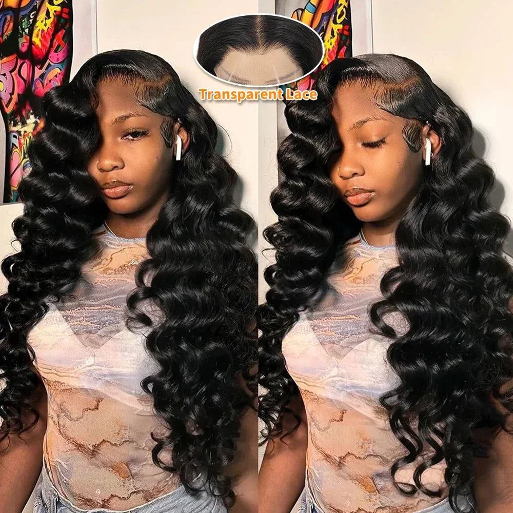 Woman wearing a long black curly human hair wig with transparent lace