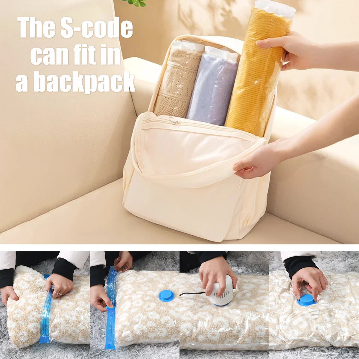 Small vacuum bags packed in a backpack and a demonstration of sealing a soft blanket.