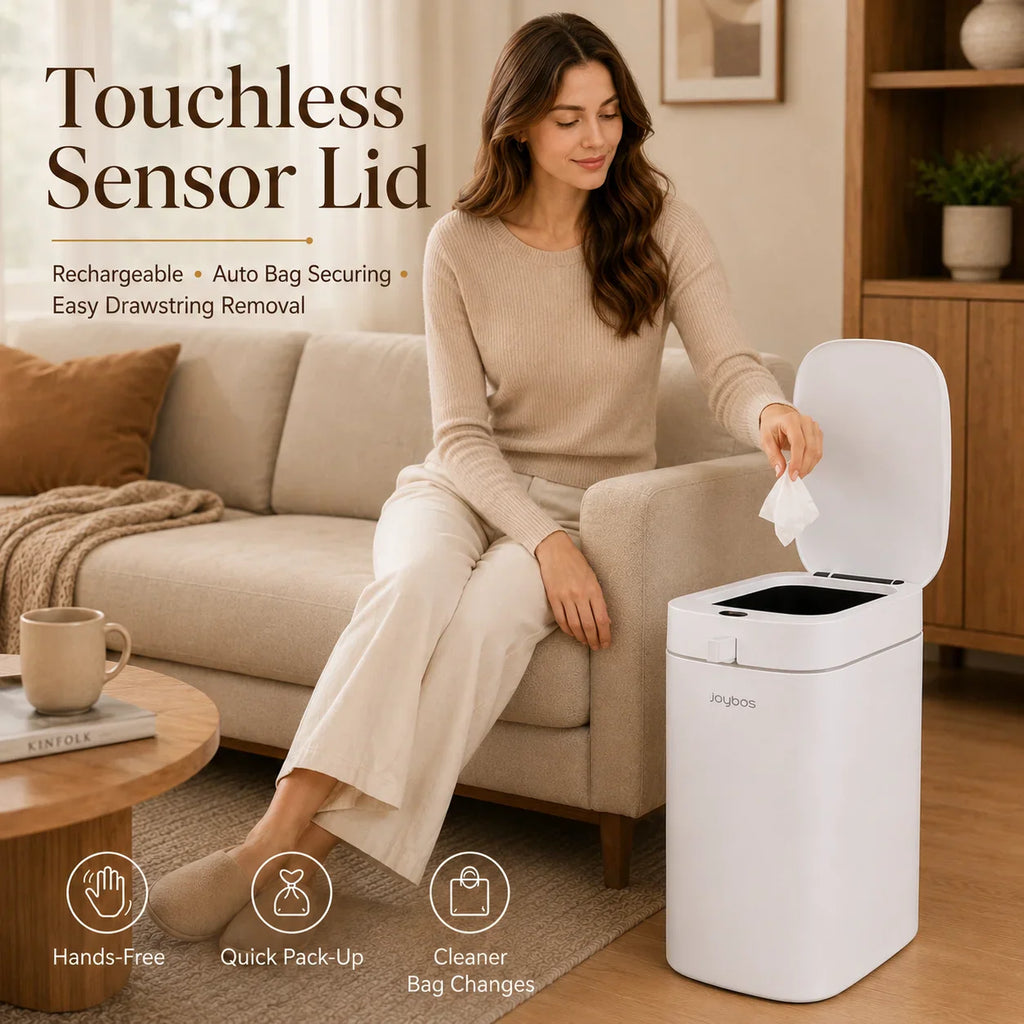 Woman sitting on a sofa using a white automatic touchless sensor trash can