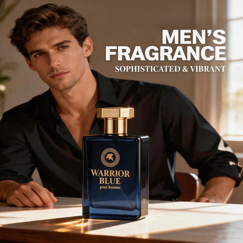 Blue glass perfume bottle on table with a man in the background