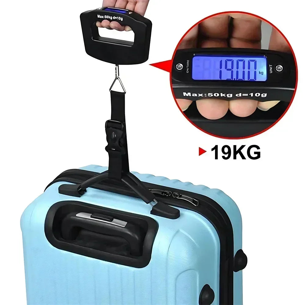 A hand holding a digital luggage scale attached to a blue suitcase showing a weight of 19 kilograms.