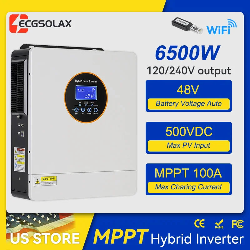 6500W hybrid solar inverter with MPPT controller and WiFi support