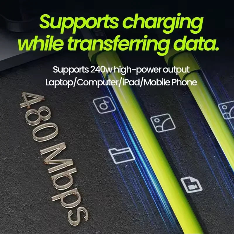 Green USB-C cable showing data transfer capability at 480 Mbps.