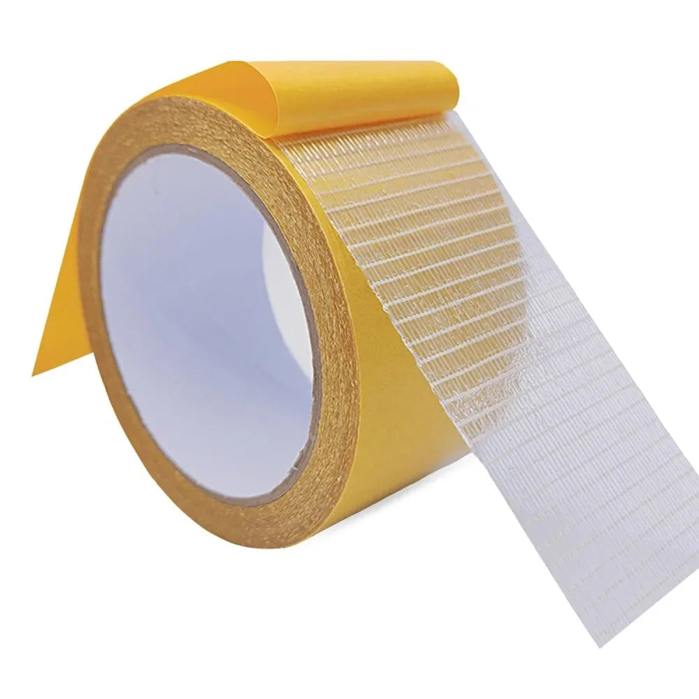 A roll of double-sided fiberglass reinforced adhesive tape in yellow.
