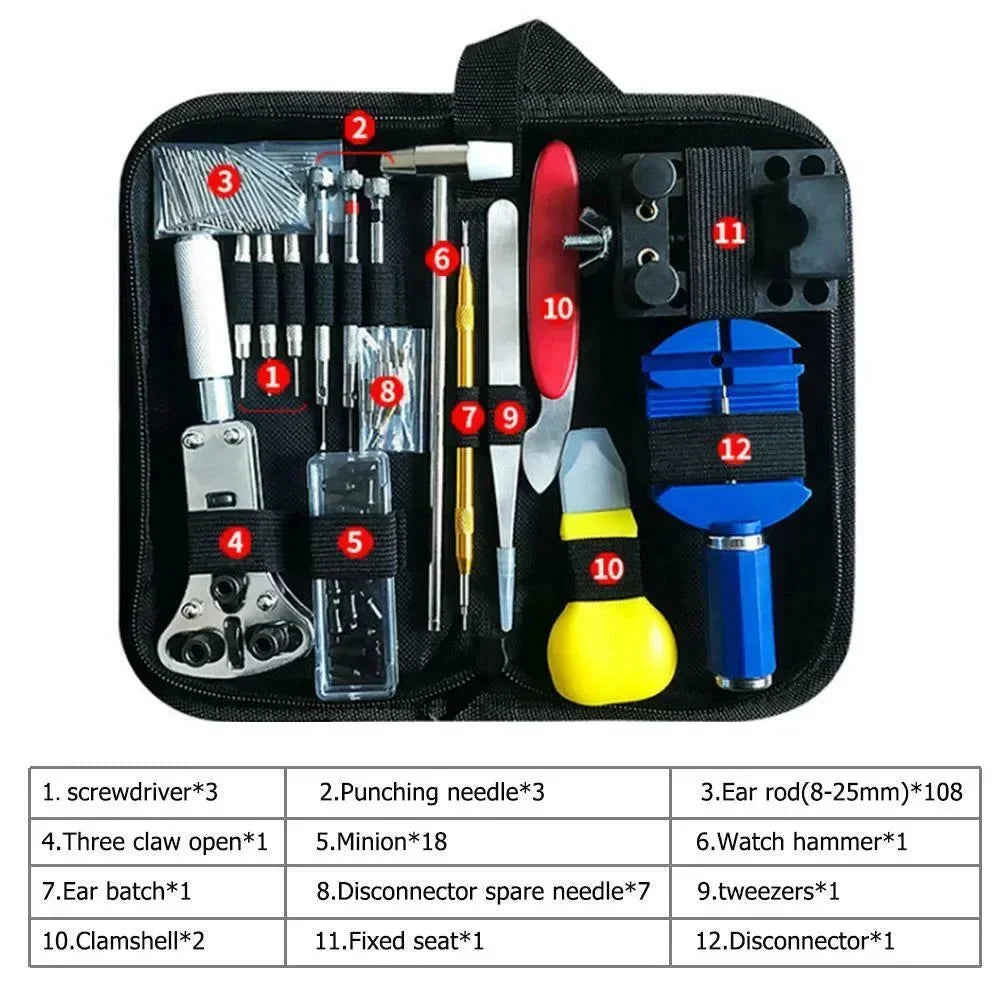 Watch repair tool kit with numbered items and a corresponding list of tool names