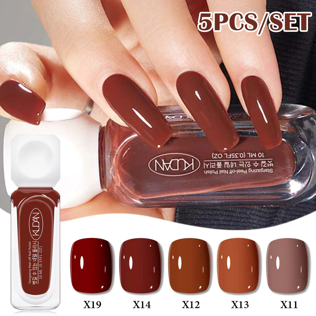 A hand showing off dark red peel-off nail polish with a bottle and color swatches labeled X11 to X19.