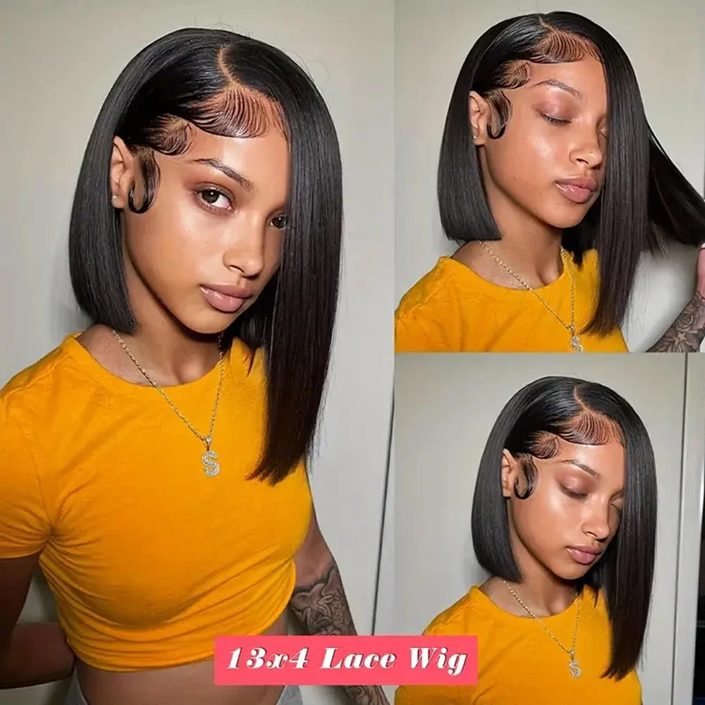 A woman modeling a straight black bob wig with text overlay indicating lace frontal construction.