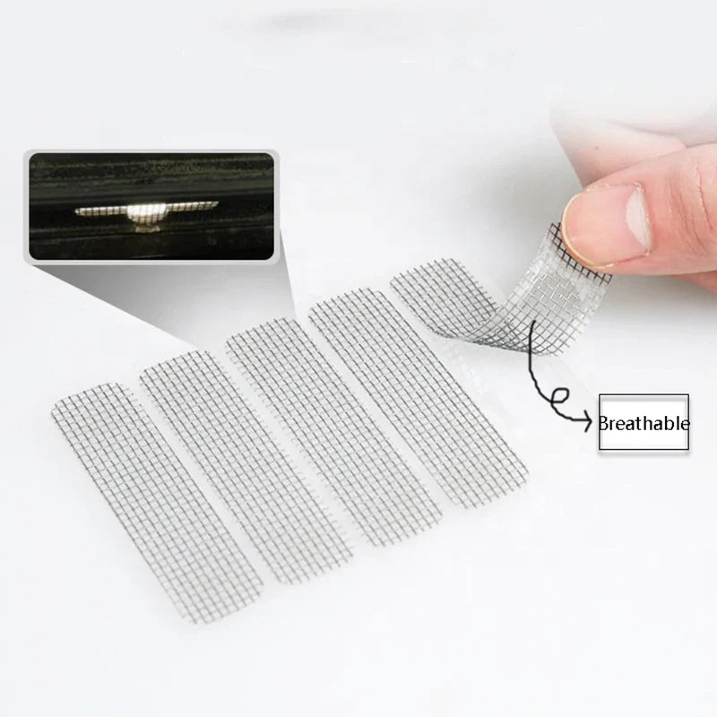 Self-adhesive mesh screen repair patch applied over a hole in a window frame