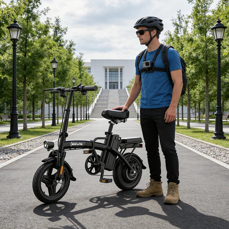 Man standing next to a black electric folding bike on a path in a park