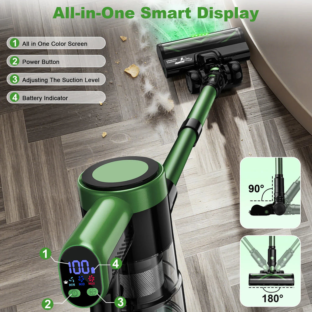 Close up of a cordless vacuum cleaner smart display and floor head articulation angles.