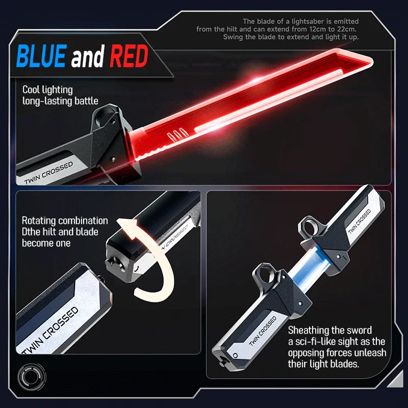 Diagram showing the extension and assembly of blue and red light-up sci-fi sword toys.