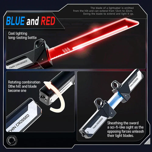 Diagram showing the extension and assembly of blue and red light-up sci-fi sword toys.