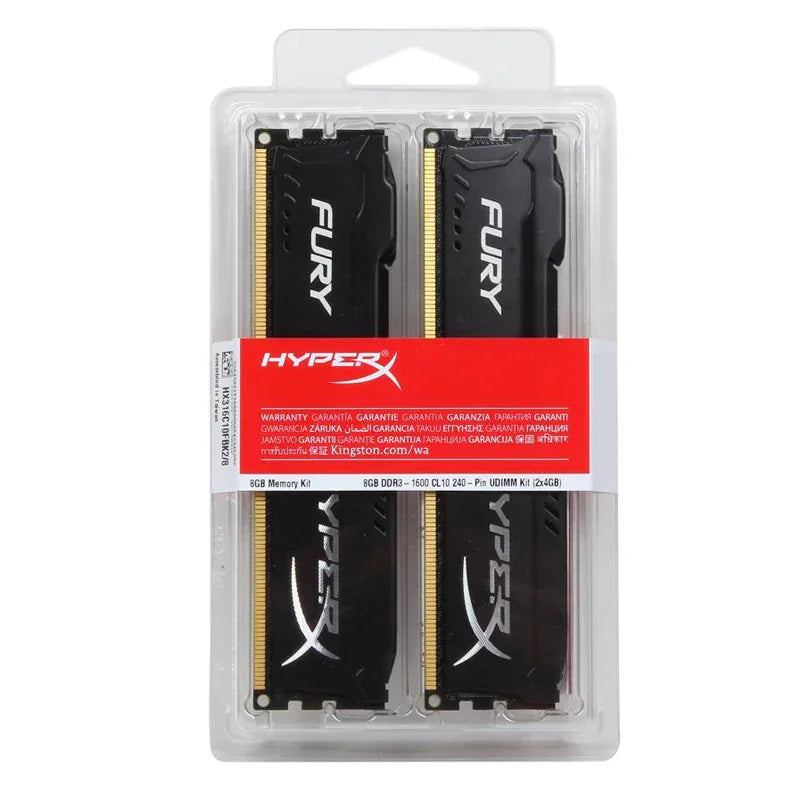 Two black DDR3 desktop RAM memory modules in clear plastic packaging