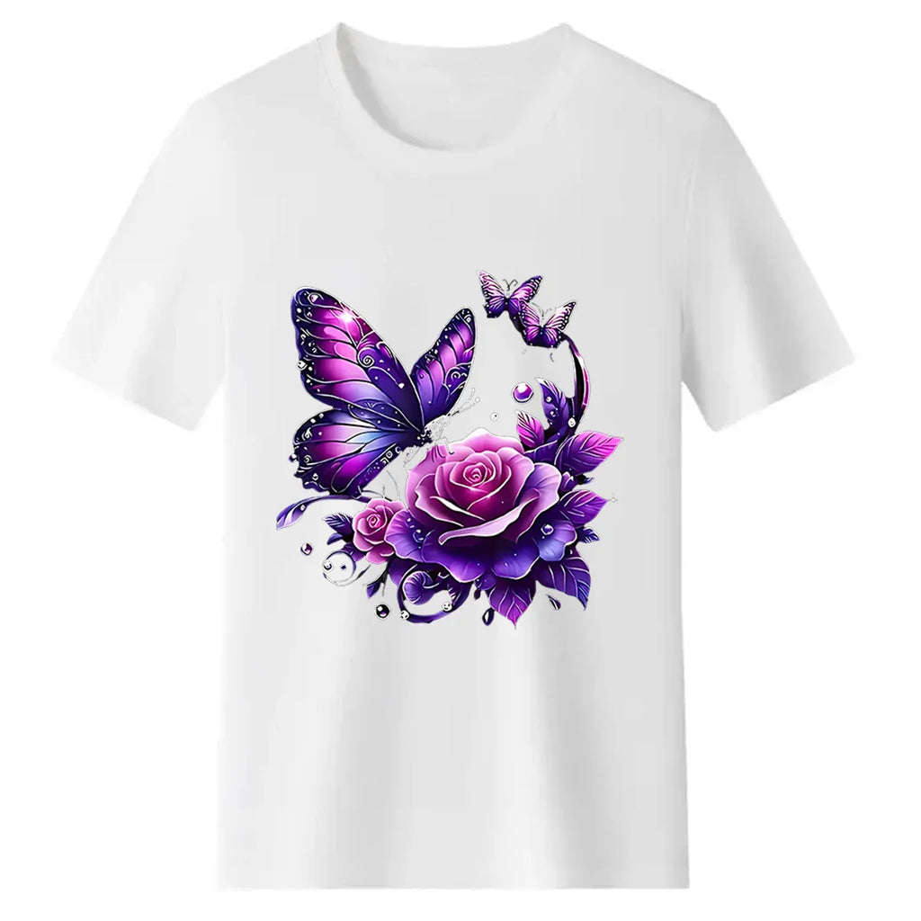 White short-sleeve t-shirt with a purple butterfly and rose floral print design
