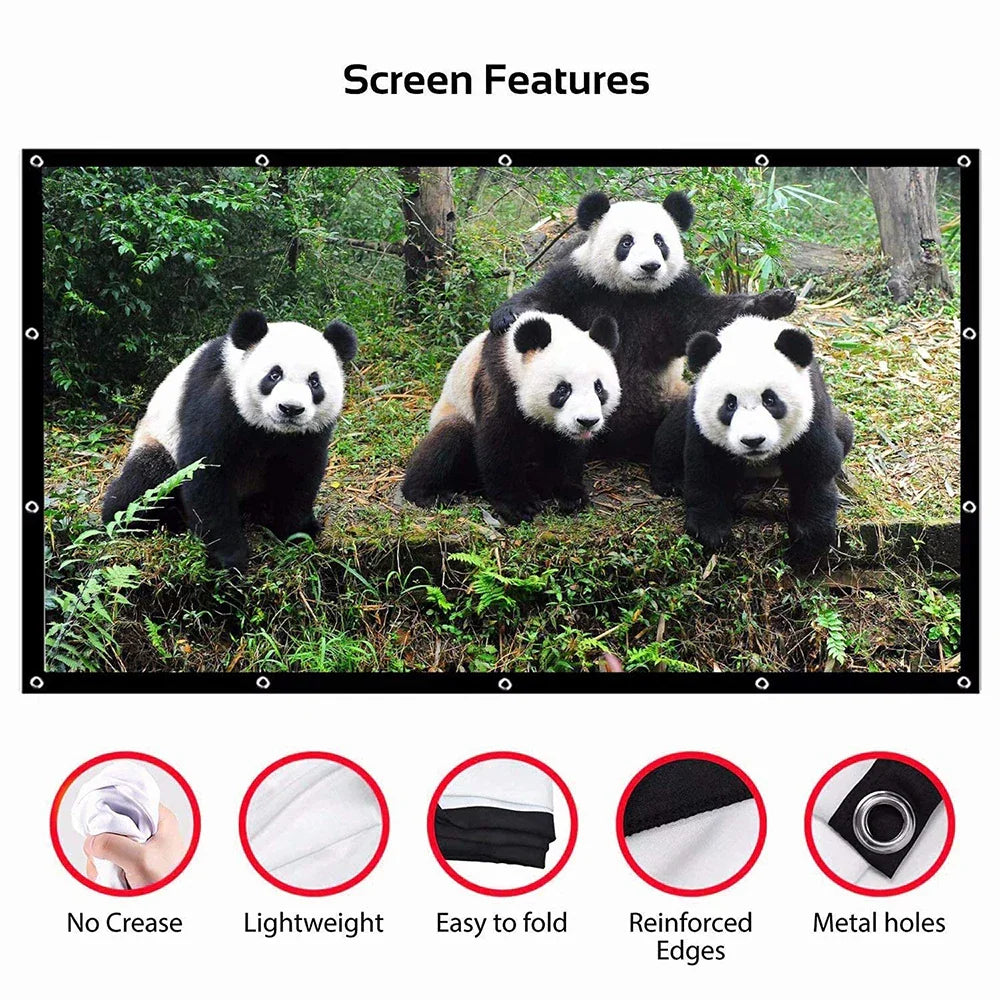 Portable projection screen features including no creases, lightweight, foldable, reinforced edges, and metal grommets