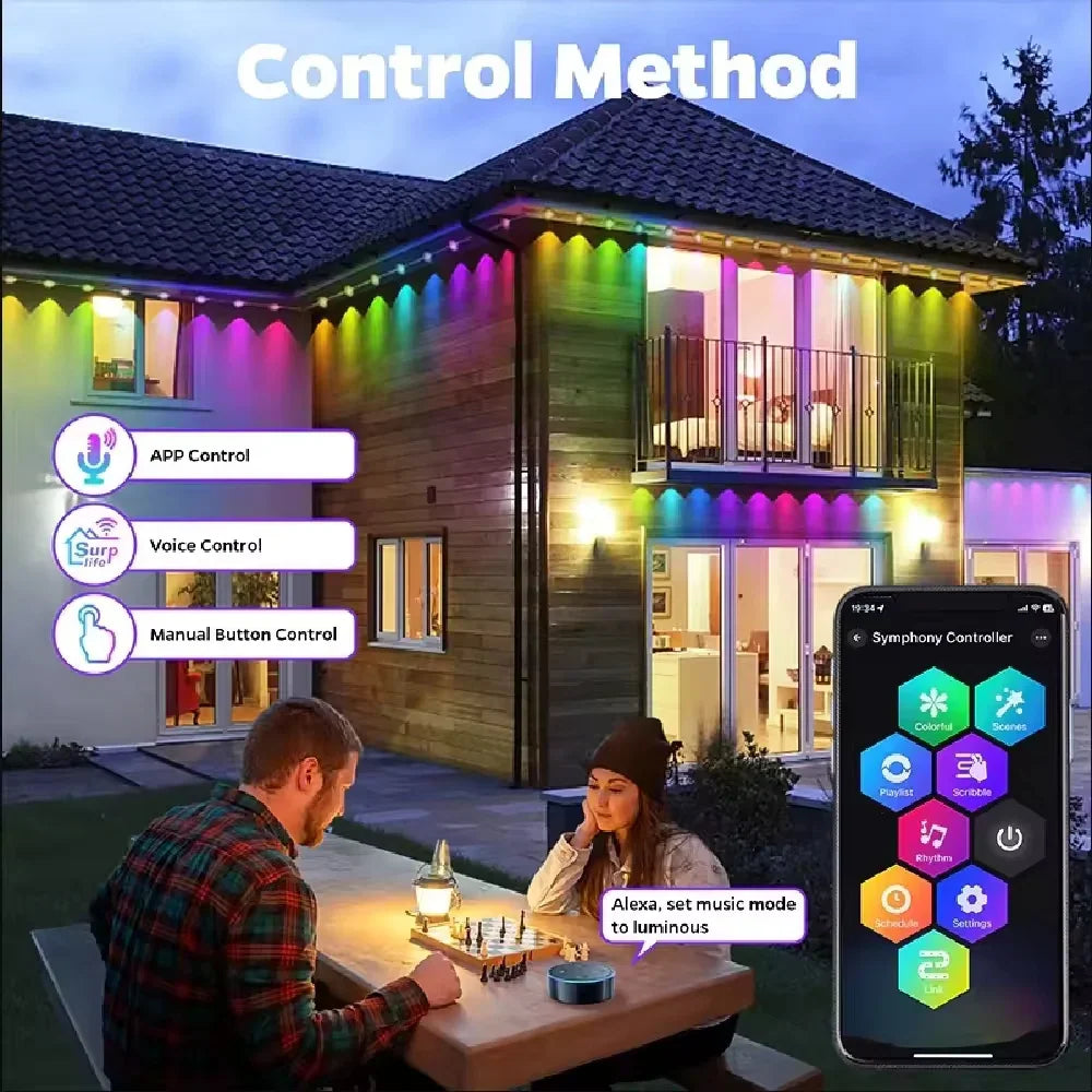 Smart outdoor RGBIC eaves lighting control methods including app, voice, and remote control for exterior house decor