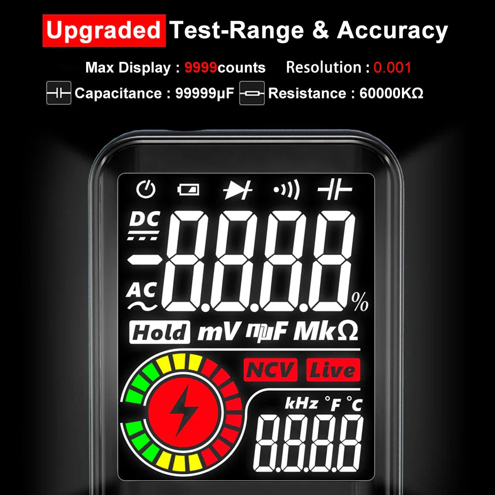 Digital multimeter close-up view focusing on the display and technical specifications