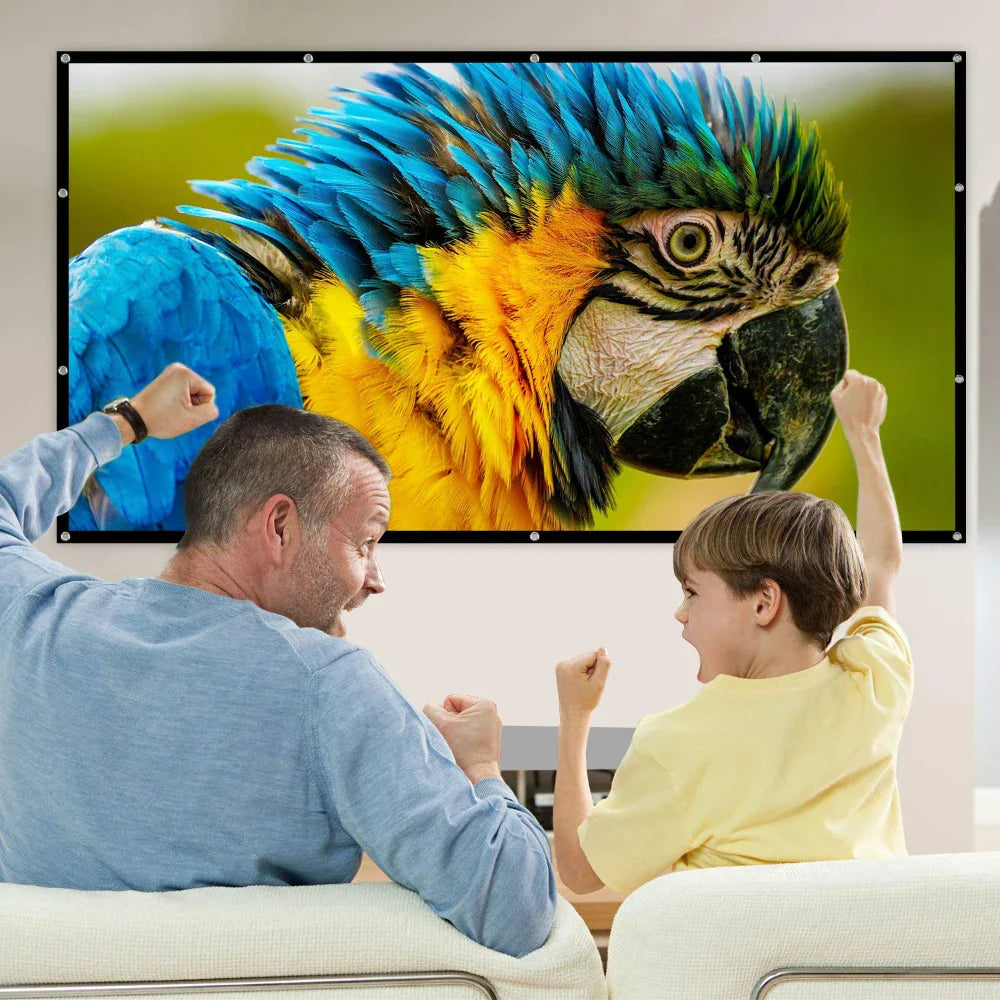 Portable projection screen being used in a home theater setting with two people watching a movie