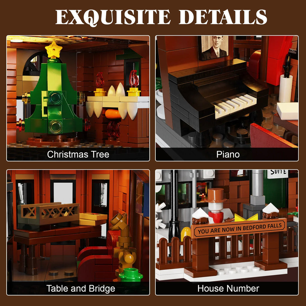 Detailed close-up views of interior furniture and features of a Christmas building block house