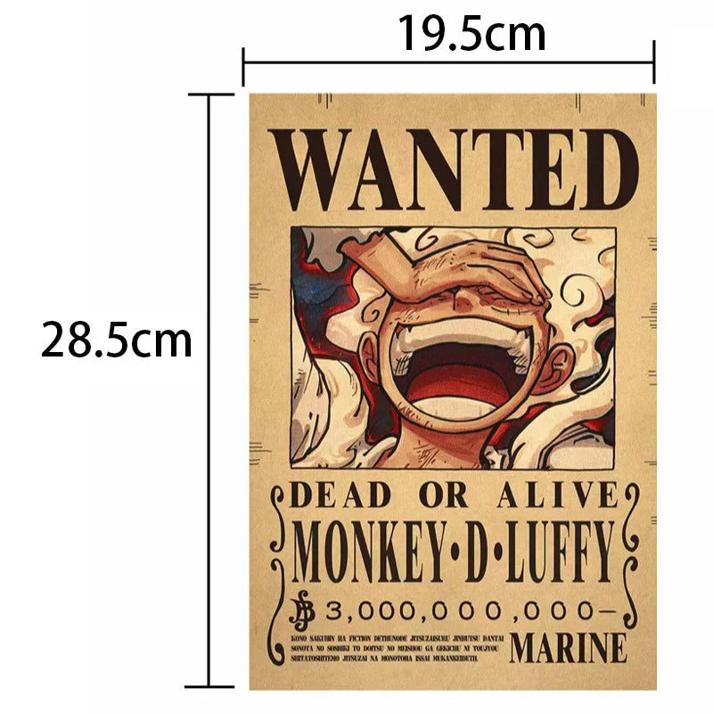 Single wanted poster featuring an anime protagonist on kraft paper with dimension measurements