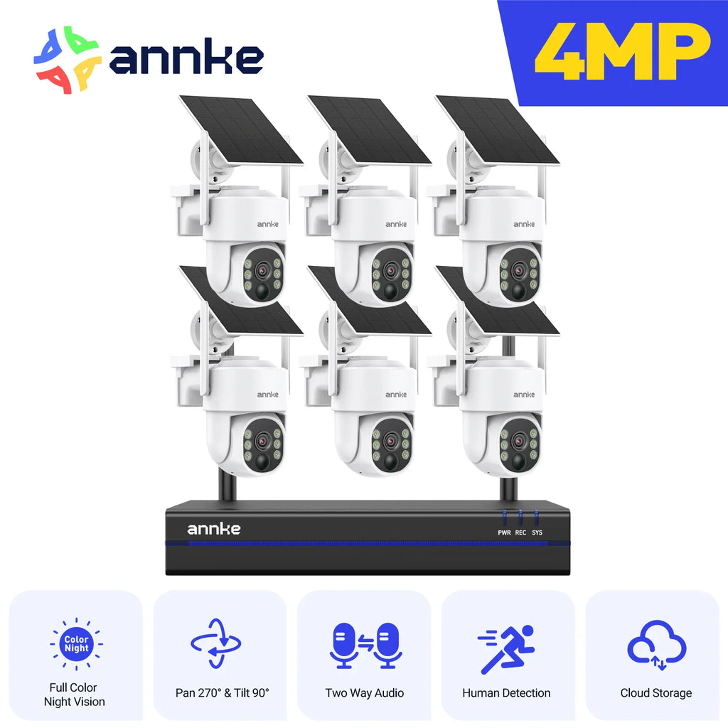 Annke 16CH Wireless PT Solar Security Camera System set with white cameras and NVR unit