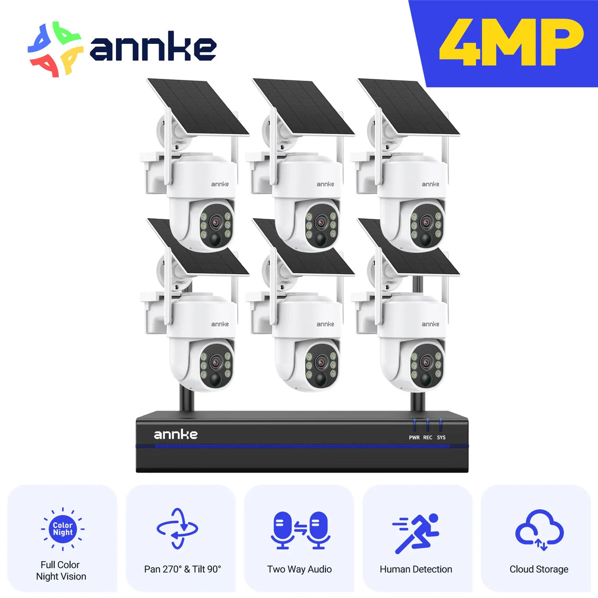 Annke 16CH Wireless PT Solar Security Camera System set with white cameras and NVR unit
