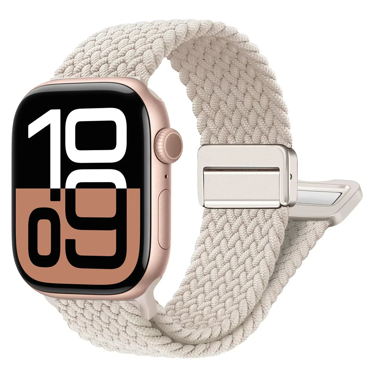 A beige braided stretchable watch band with a magnetic stainless steel clasp.