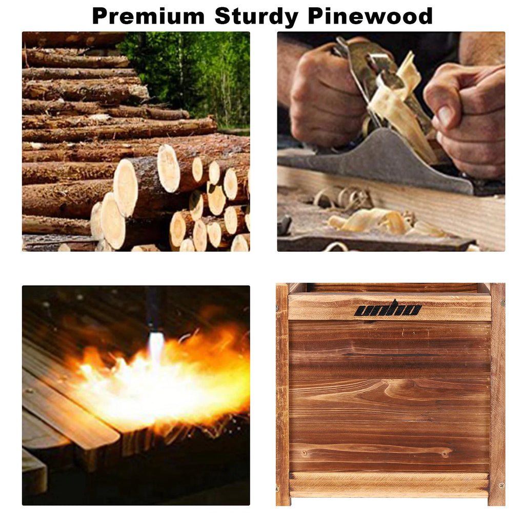 Four-part panel showing wood logs, woodworking, flame treatment, and a detail of a rustic wooden planter box