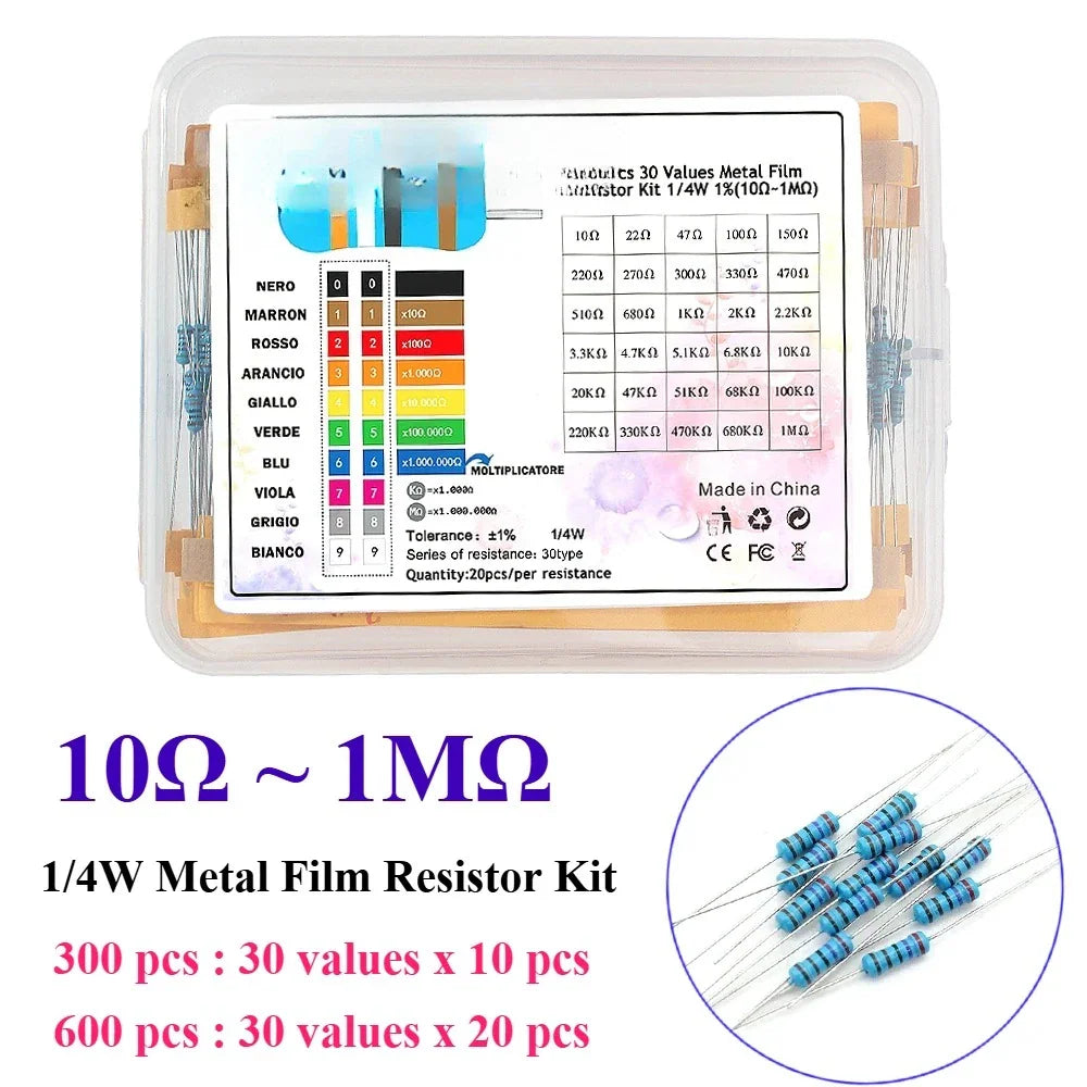 Metal film resistor kit with 30 different values in a transparent plastic storage box