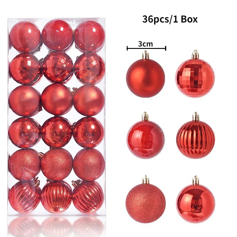Box of 36 red Christmas tree baubles with different textures and dimensions